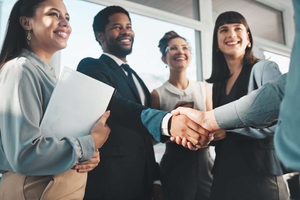 Handshake, people partnership and business diversity, collaboration or b2b welcome, thank you or me