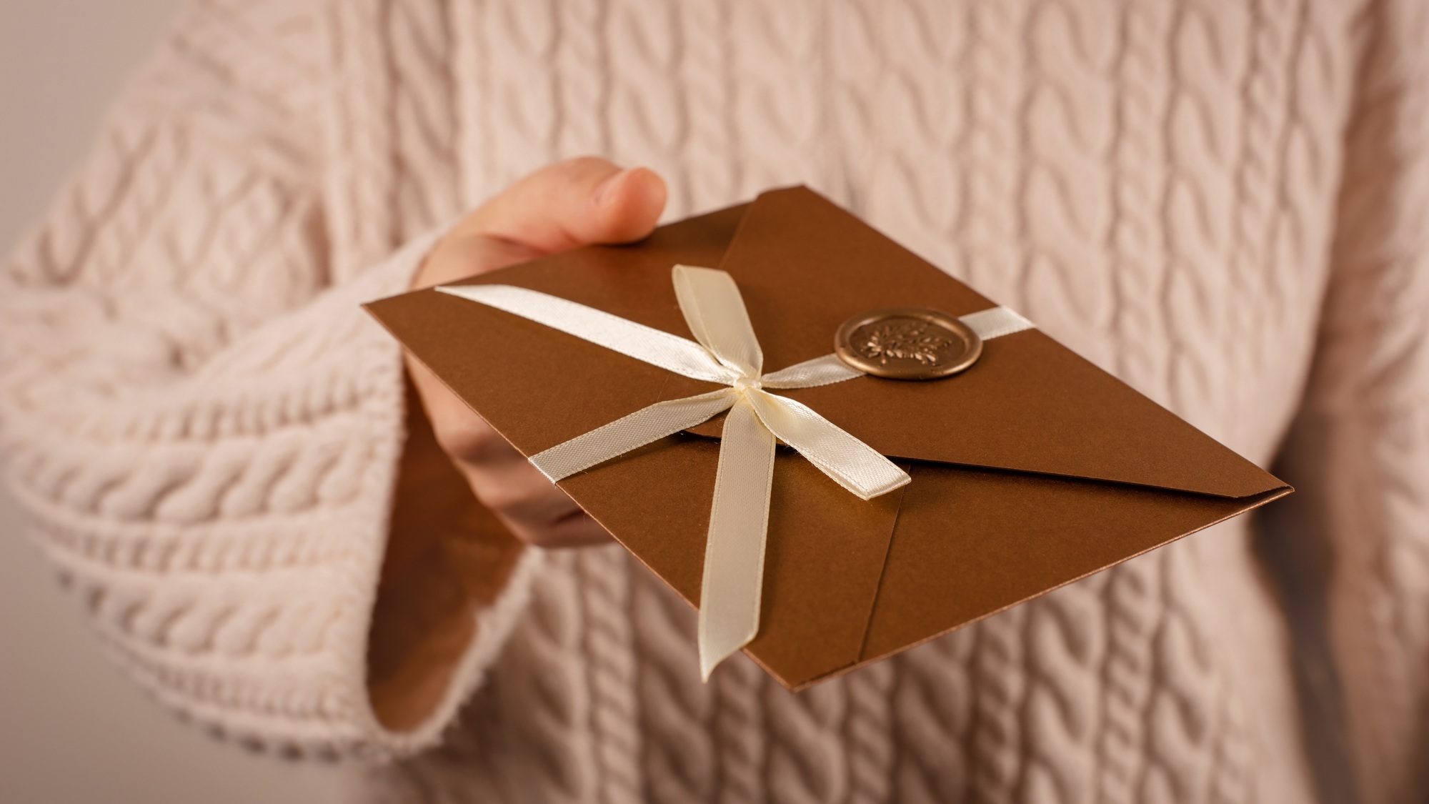banner woman gives Gift Certificate, bronze envelope invitation card