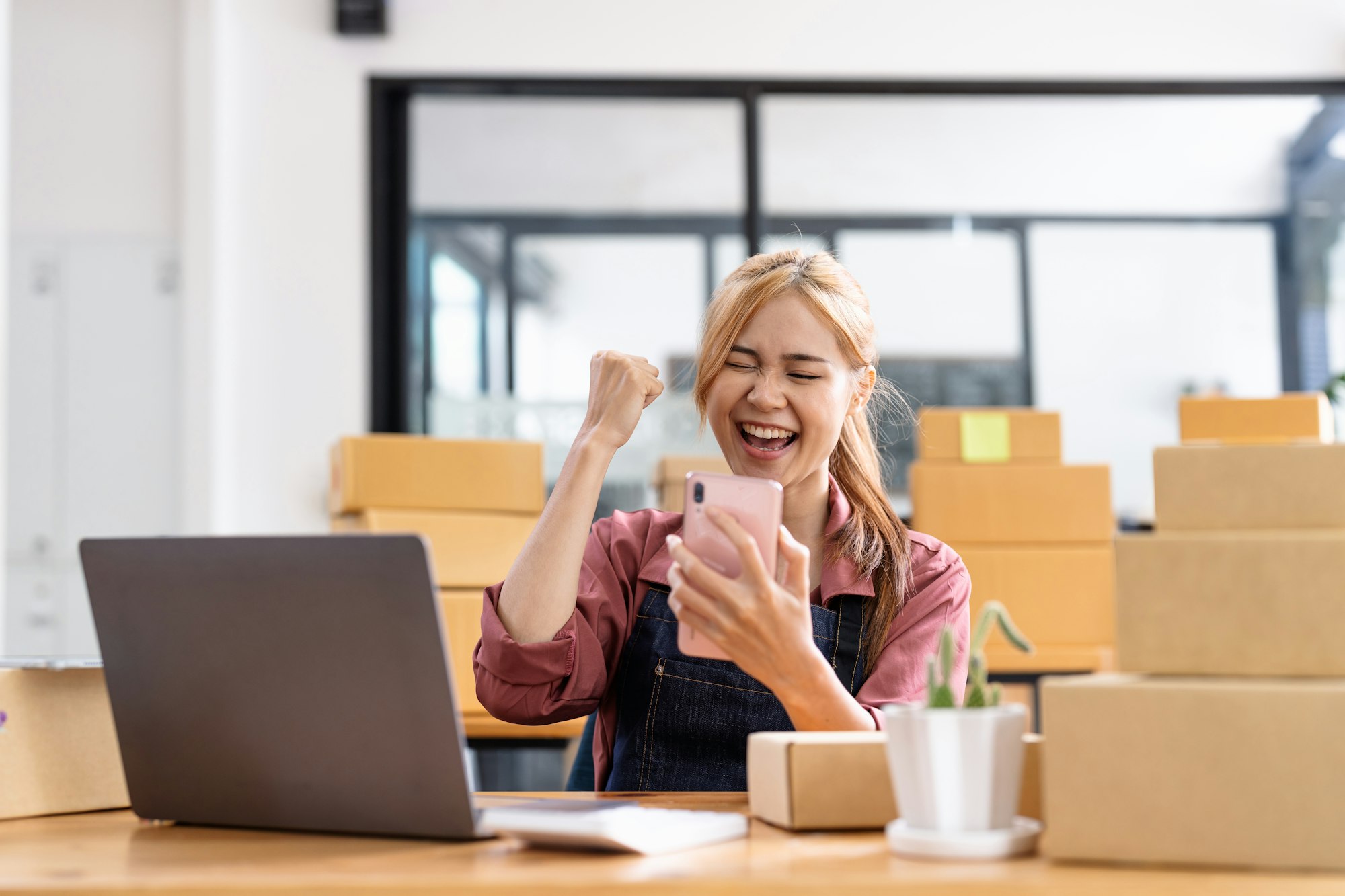 Happy young asian woman entrepreneur, Smile for sales success after checking order from online